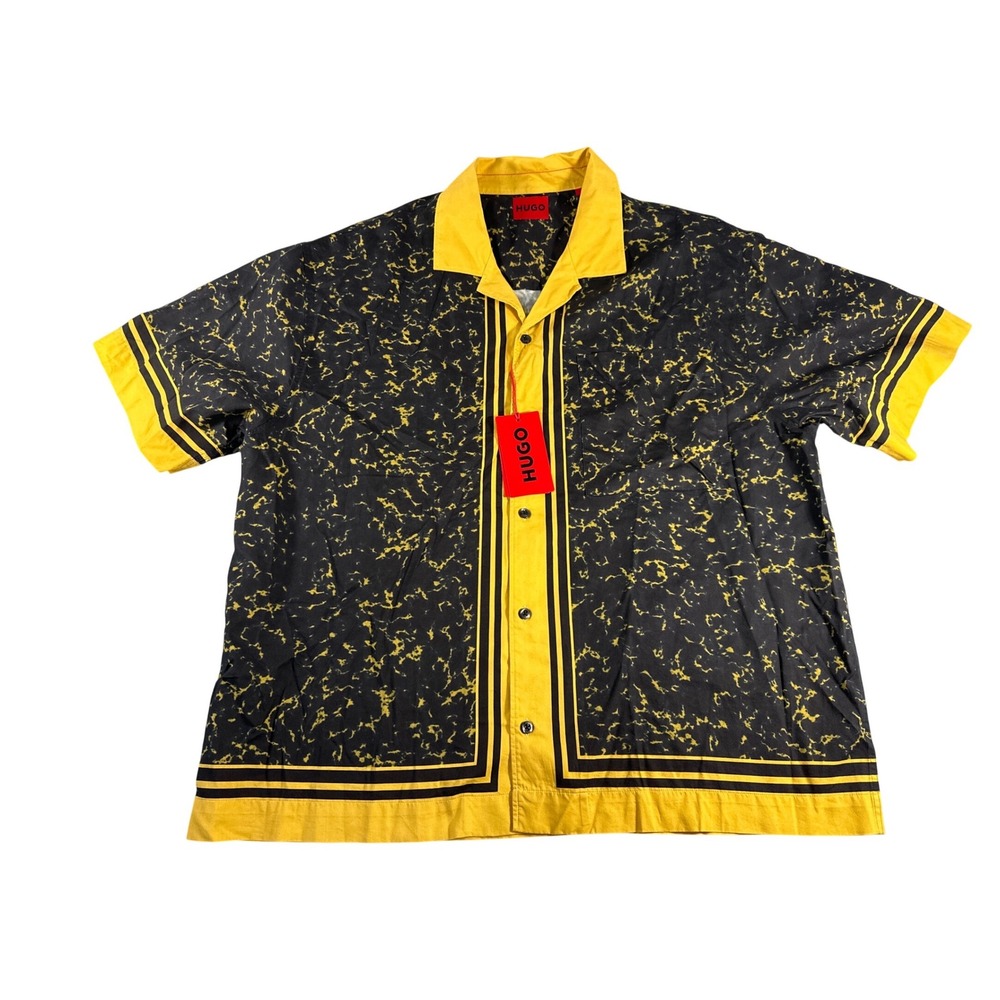 HUGO Hugo Boss Egeeno Yellow Black Marble Print Camp Collar Shirt Mens MediumNWT